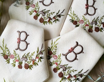 Embroidered Mushroom& interlocking monogrammed linen napkins  | Farmhouse design | Table decor | Dinner Napkins | Housewarming