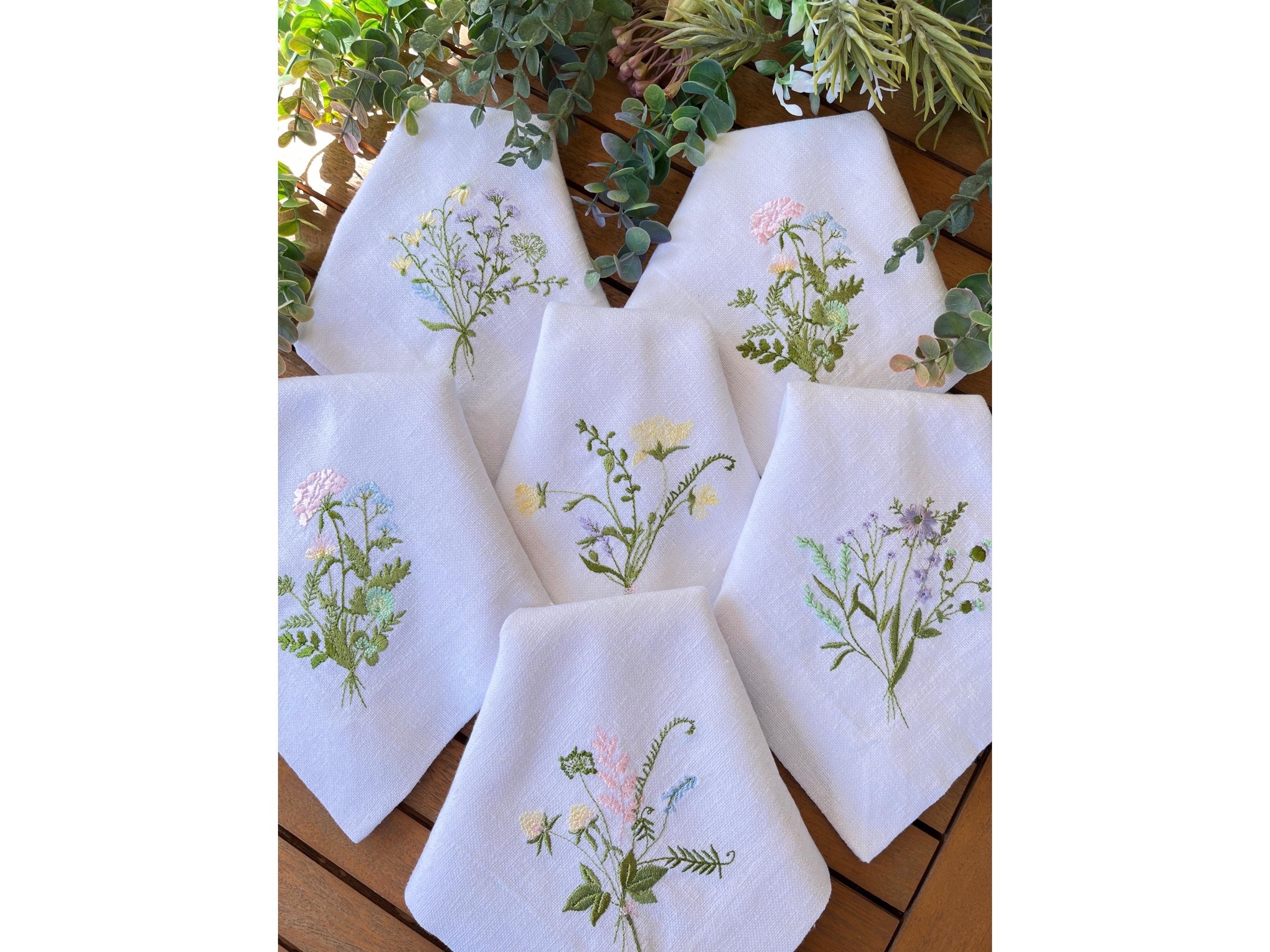 Wildflower Baby in Bloom Unique Floral Embroidered Linen Napkins for Pastel Baby Shower Party