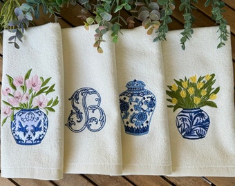 Chinoiserie Embroidered Turkish Fingertip Towel Set of 4 - Personalized Unique Gift for Powder Room - Guest Towel- Powder Room Decor