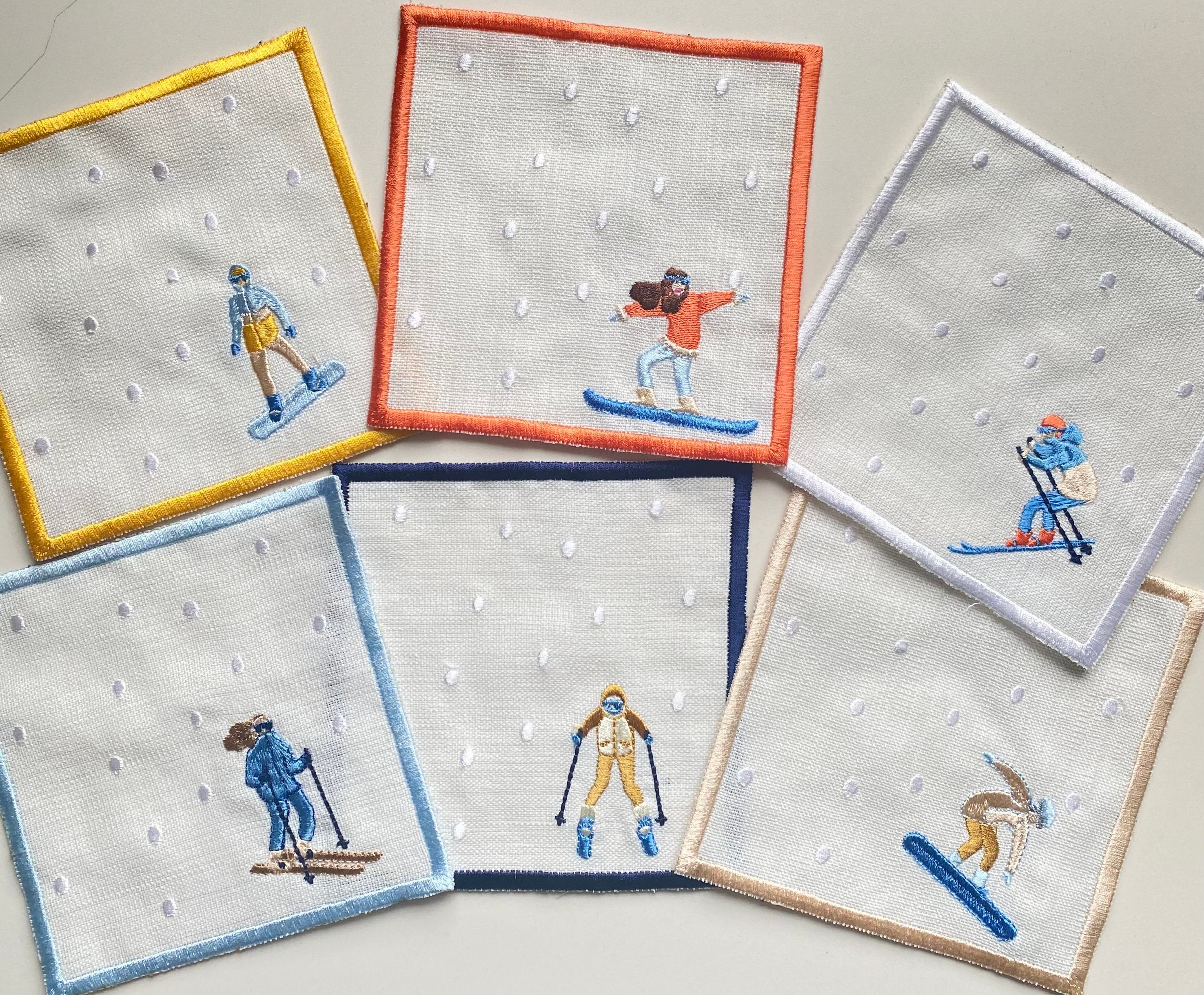 Skier Embroidered Napkin Set Cocktail Napkins Party Napkins Winter theme cocktail napkins
