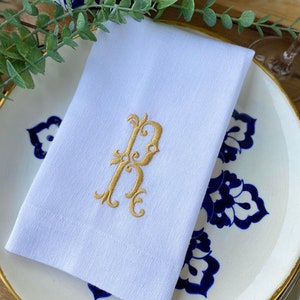 Personalized Embroidered Linen Napkins - Custom Monogram Initials - Beige-Ivory & White Options