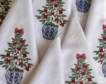 Embroidered Chinoiserie Christmas Tree Linen Napkins - Perfect Housewarming & Christmas Gift for Festive Dinner Decor - Christmas napkins
