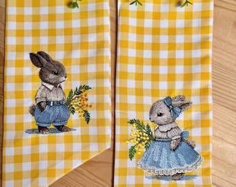 Faja rústica de Pascua con diseño de granja / Cinta para puerta con diseño de conejo de cuadros amarillos / Faja bordada con diseño de conejos para niñas y niños / Decoración de granja de primavera