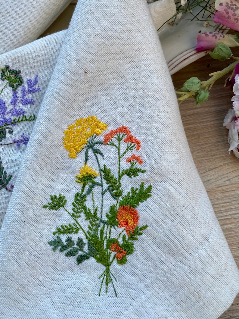 Embroidered Wildflower Napkins Easter Decor botanical embroidery backyard wedding housewarming gift set wildfower party napkins image 4