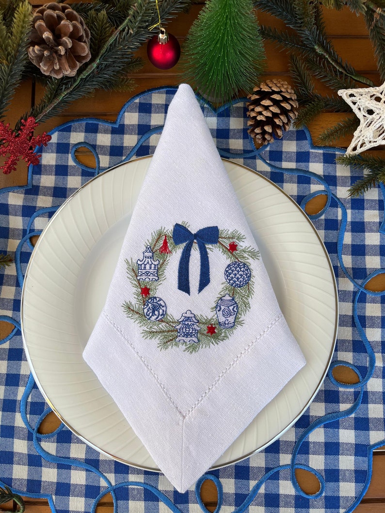 Exquisite Chinoiserie Christmas Wreath Linen Napkin Christmas Holiday Decor-Embroidered Cloth Dinner napkin-Hostess gift Unique image 2