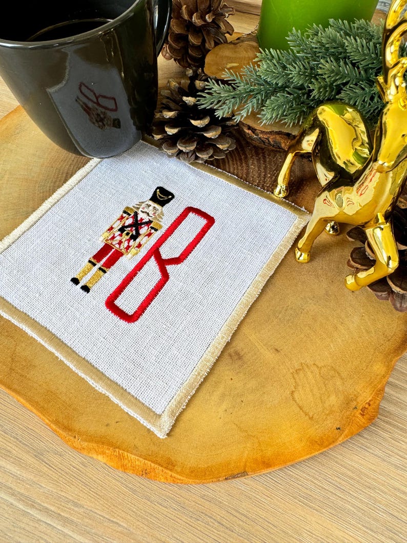 Nutcracker Embroidered Linen Cocktail Napkins - Thumbnail 3