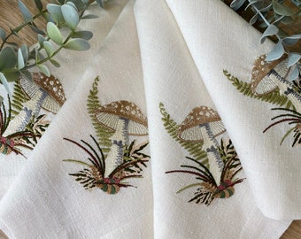 Embroidered Mushroom linen napkins | Duck linen placemat | Farmhouse design | Table decor | Dinner Napkins | Housewarming