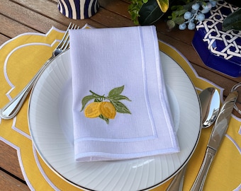 Elevate Your Table Setting with Fresh Lemon Embroidery on Scalloped Edge Linen Napkins - Yellow Placemat  - Elegant Dining Essentials