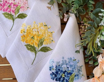 Hydrangea Embroidered Linen Napkins - Luxury Dinner Napkins for Unique Gifts, Mother's Day & Summer Dining