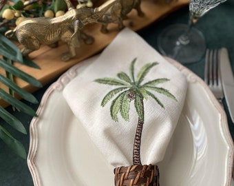 Guardanapos de linho bordados com palmeiras | Guardanapos tropicais para festas na praia | Decoração de casamento com tema litorâneo | Guardanapos de jantar bordados