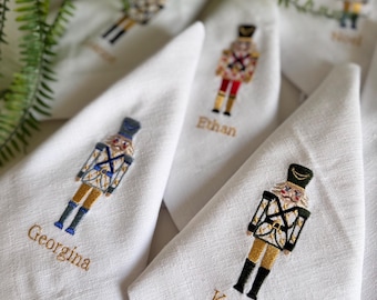 Nutcracker Linen Napkins - Exquisite Embroidered Christmas Table Decor - Perfect Hostess or Holiday Party Gift