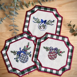 Rustic Christmas Cocktail Napkins & Embroidered Tree Ball Set - Hostess Gift, Housewarming, Holiday Decor - Available in 6 or 12 Sets