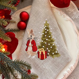 Enchanting Peter Rabbit Embroidered Linen Napkin for a Magical Christmas Tablescape -Perfect Hostess gift - Christmas Gift for her