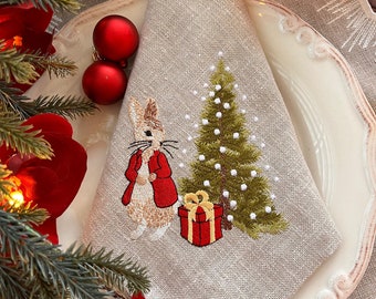 Enchanting Peter Rabbit Embroidered Linen Napkin for a Magical Christmas Tablescape -Perfect Hostess gift - Christmas Gift for her