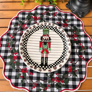 Holly Christmas Placemat Table Decor, Scalloped Edge Mat, Embroidered image 2