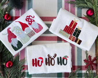 Christmas guest towels-Christmas gift- gift for her-Gnome embroidered towel-set of 3 -cotton-fingertip-hostess gift-housewarming