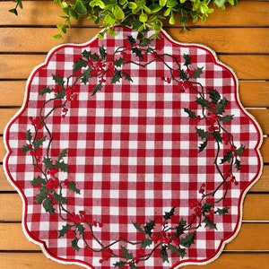 Holly Christmas Placemat Table Decor, Scalloped Edge Mat, Embroidered image 6