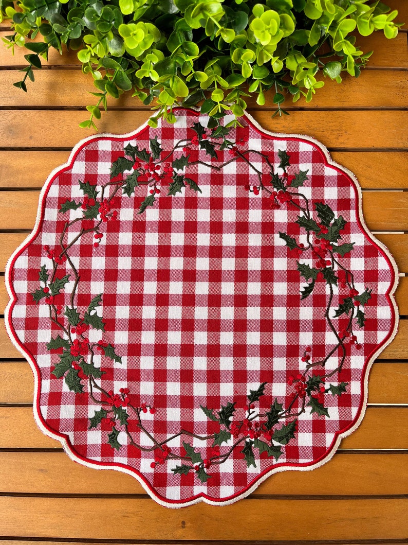 Holly Christmas Placemat Table Decor, Scalloped Edge Mat, Embroidered image 6