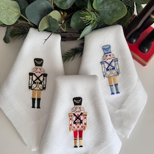 Nutcracker Embroidered Dinner Napkins - Christmas Table Decor Linen Napkins with Custom Initial - Holiday Dining Napkin Set -Monogram Napkin