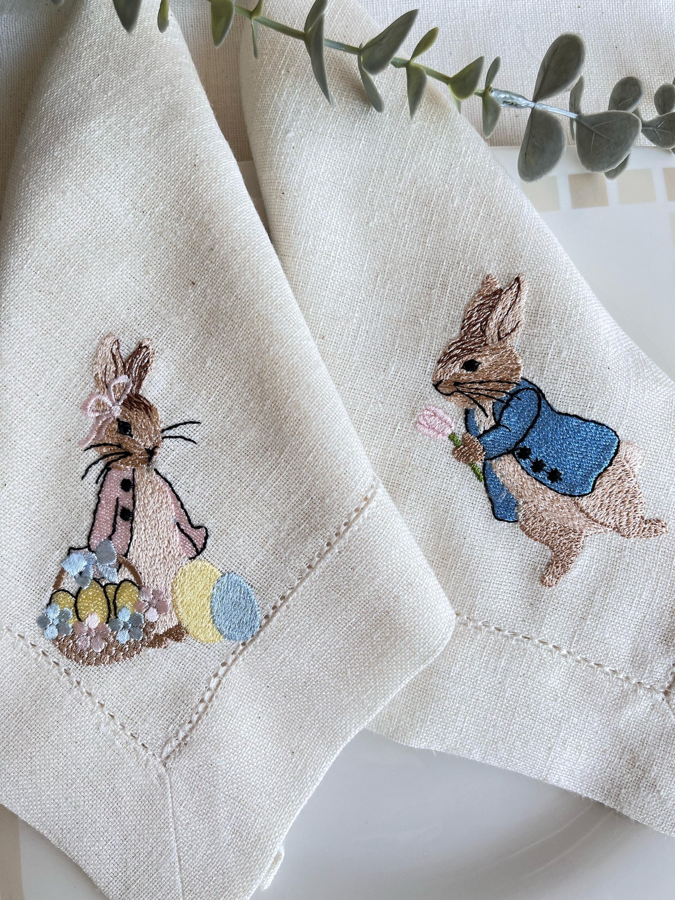 Peter Rabbit Easter Napkins - Embroidered linen napkins -Easter Tablescape- Easter gift - Hostess gift-