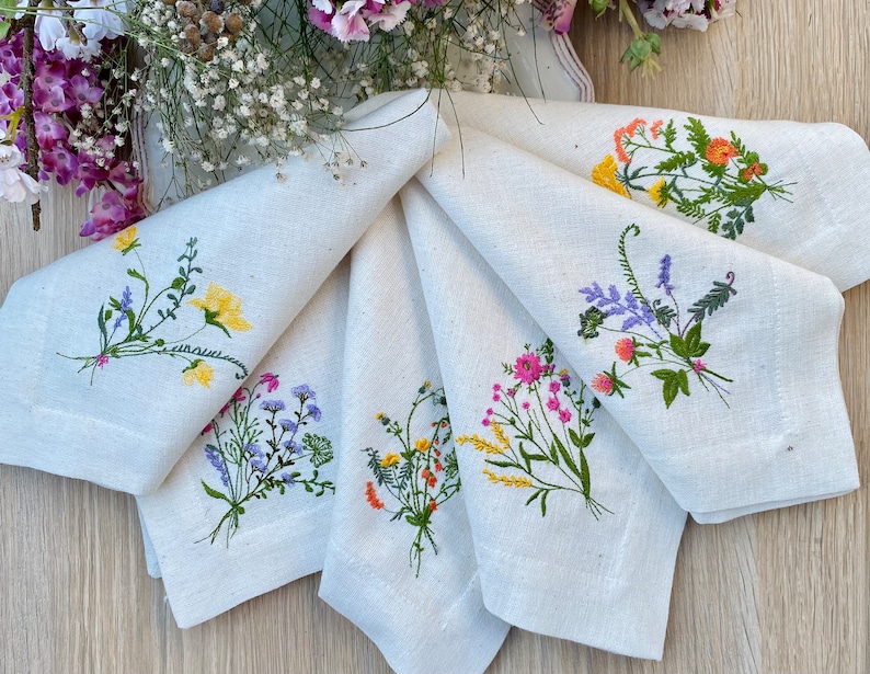 Embroidered Wildflower Napkins Easter Decor botanical embroidery backyard wedding housewarming gift set wildfower party napkins image 2