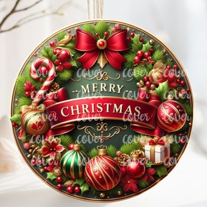 May include: Round Christmas ornament with a green background, gold trim, and a red ribbon that says "Merry Christmas". The ornament is decorated with red and gold ornaments, holly, and a red bow.