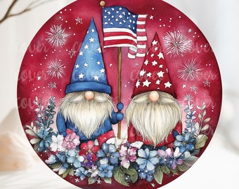 PNG Digital File 4th July Gnome Patriotic Design, Round Design Great for Sublimation onto Metal Signs, Ceramic, Ornaments, Cookies, etc