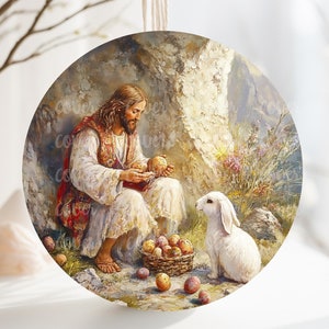 Archivo digital PNG Diseño de Jesús y conejito de Pascua feliz, diseño redondo ideal para sublimación en carteles de metal, cerámica, adornos, etc.