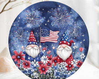 PNG Digital File 4th July Gnome Patriotic Design, Round Design Great for Sublimation onto Metal Signs, Ceramic, Ornaments, Cookies, etc