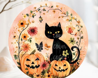 PNG Digital File Black Cat Halloween, Round Design Great for Sublimation onto Metal Signs, Ceramic, Ornaments, Etc.