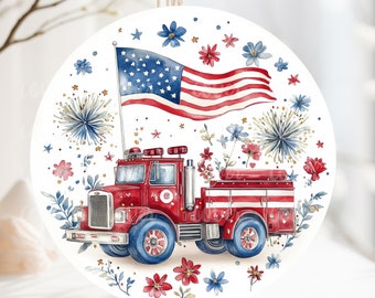 PNG Digital File 4th July Firetruck Patriotic Design, Round Design Great for Sublimation onto Metal Signs, Ceramic, Ornaments, Cookies, etc