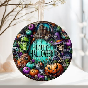 May include: Round Halloween ornament featuring Frankenstein's monster, a skeleton in a witch hat, pumpkins, and the text "Happy Halloween." The ornament is decorated with vibrant colors and a spooky theme, perfect for seasonal decor.
