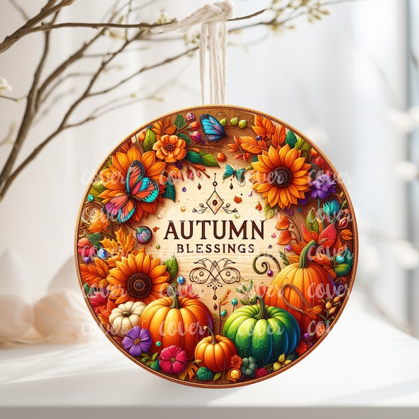 PNG Digital File Hello Fall Autumn Harvest, Round Design Great for Sublimation onto Metal Signs, Ceramic, Ornaments, Etc.