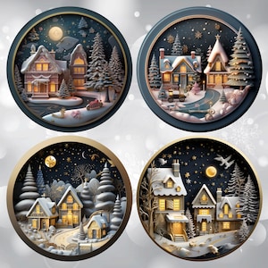 4 diseños, archivo digital PNG, efecto 3D, diseño redondo de casas navideñas de invierno, ideal para sublimación en carteles de metal, cerámica, adornos, etc.