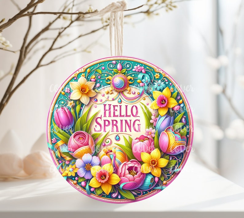 PNG Digital File Hello Spring Design, Round Design Great for Sublimation onto Metal Signs, Ceramic, Ornaments, Etc. image 1