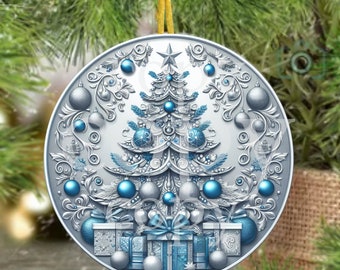 PNG Digital File Silver & Blue Christmas Tree Round Design Great for Sublimation onto Metal Signs, Ceramic, Ornaments, Etc.