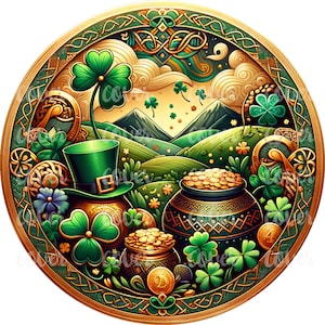 May include: A circular illustration with a green shamrock, a pot of gold, and a leprechaun's hat. The background is a green landscape with mountains and clouds. The illustration is surrounded by a gold and green border.