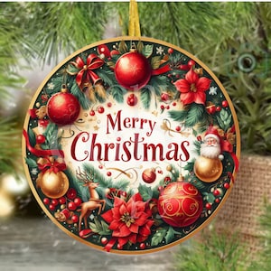 Digitaal png-bestand rode kerstkrans, rond ontwerp, ideaal voor sublimatie op metalen borden, keramiek, ornamenten, enz.