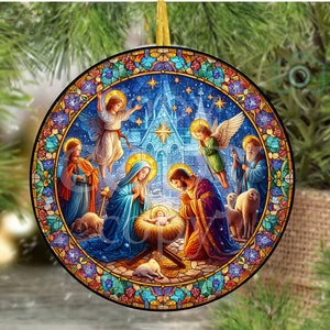 Plik cyfrowy PNG przedstawiający scenę narodzenia Jezusa, okrągły wzór idealny do sublimacji na znakach metalowych, ceramice, ozdobach itp.
