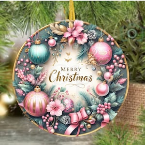 Fichier numérique Couronne de joyeux Noël rose, design rond, idéal pour une sublimation sur des plaques métalliques, de la céramique, des ornements, etc.