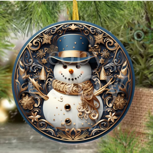 PNG Digital File Elegant Blue Snowman Round Design Great for Sublimation onto Metal Signs, Ceramic, Ornaments, Etc.