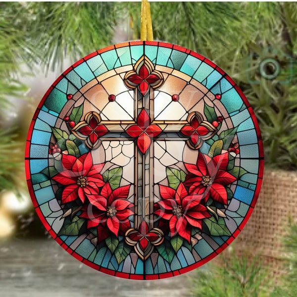 PNG Digital File Stained Glass Red & Blue Cross, Round Design Great for Sublimation onto Metal Signs, Ceramic, Ornaments, Etc.