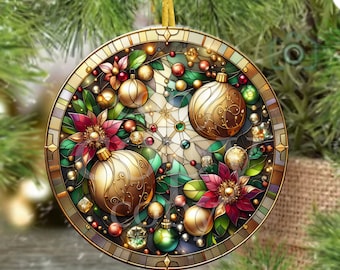 PNG Digital File Stained Glass Christmas Poinsettas Round Design Great for Sublimation onto Metal Signs, Ceramic, Ornaments, Etc.
