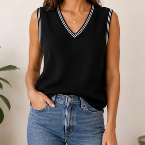 Pode incluir: Colete preto sem mangas com decote em V e acabamento branco. O colete é combinado com jeans azuis. A modelo usa um colar de ouro. O fundo é de cor neutra.