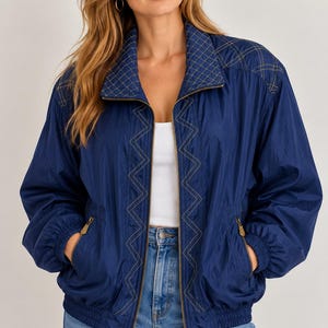 FUDA International Blue Silk Bomber Jacket Quilted Stitching XL Vintage 90s