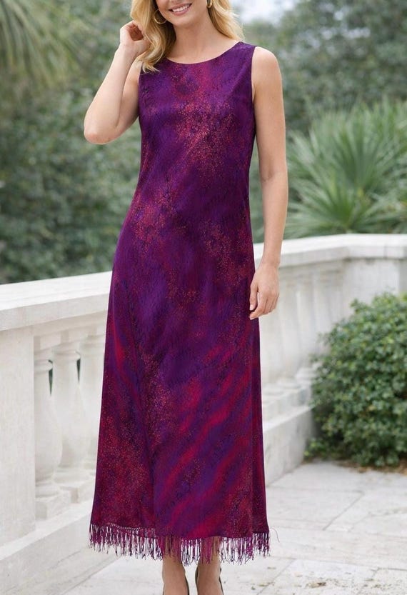 purple sleeveless maxi dress Carole Little Purple Rayon Maxi Dress Beaded Fringe Hem Sleeveless Size 10P