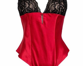 Victoria's Secret Rot Seidenspitze Teddy Body Schnappverschluss L Vintage