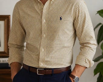 Camisa Ralph Lauren Custom Fit a cuadros amarillos y azules con botones, talla 16, estilo vintage.