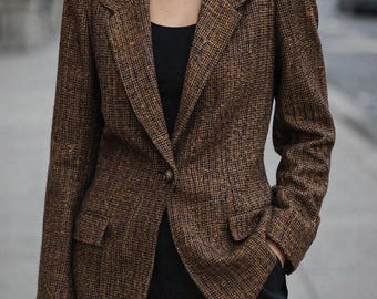 Vintage Cache 100% Silk Gold Thread Tweed Blazer Jacket Brown Size 12 USA