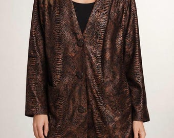 Blazer Bruno Magli Vintage em Couro com Estampa de Cobra e Botões Frontais, Tamanho G